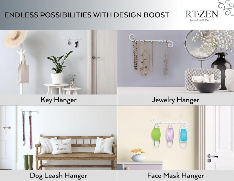 RTZEN Farmhouse Small Key Holder for Wall - Handcrafted Swirl Decorative 5 Key Hooks for Home Entryway - Wrought Iron Wall Mount Rack Purse Coat and Leash Holder or Organizer (Classic White) - Image 5